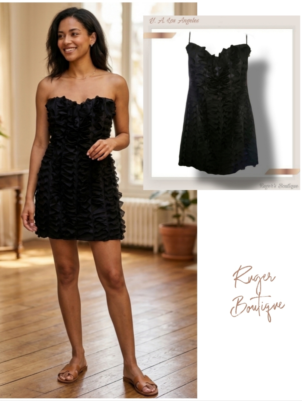 🌿YA Los Angeles Womens Black Mini Ruffle Dress size Medium